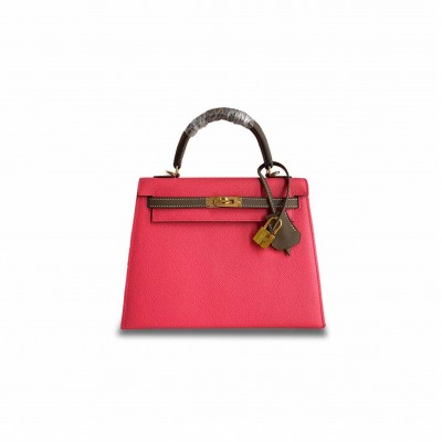 HERMÈS KELLY 25 EPSOM LEATHER LIPSTICK PINK ELEPHANT GRAY WAX THREAD GOLD BUCKLE (25*17*7cm) 